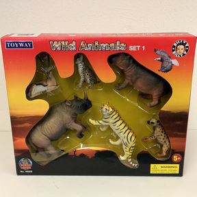 Toy set featuring plastic wild animal figures: lion, tiger, rhino, and more for IMEX IMX49500