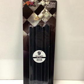 Black, straight 9-inch racing accessory in clear packaging for AFX RaceMaster 70601