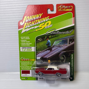 Red die-cast model car on packaging featuring a 1969 Lincoln Continental Mark III for Johnny Lightning Die Cast JLCG019