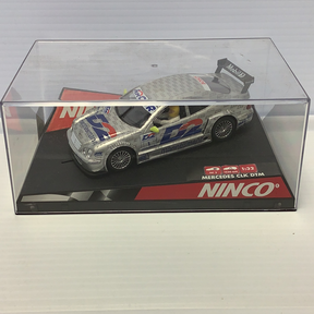 Slot car of a Mercedes CLK DTM race car in its box for Ninco 50229, package view, product view 1