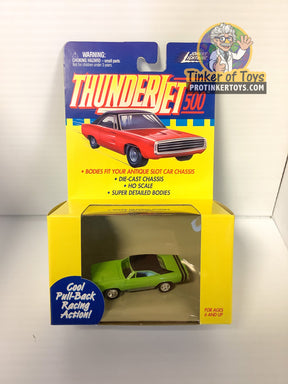 Red and green slot cars in a box for pull-back action for Pull Back Thunderjets 393-01