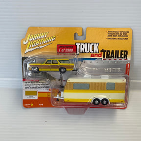 Yellow 1973 Chevy Caprice with attached camper trailer toy set for Johnny Lightning JBLBT013, front view