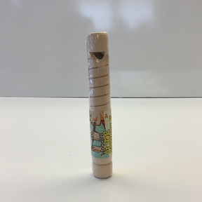 Wooden whistle wrapped in clear plastic packaging for Schylling WSW
