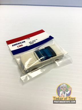 White Mustang toy car in clear plastic packaging with American Line branding for B403