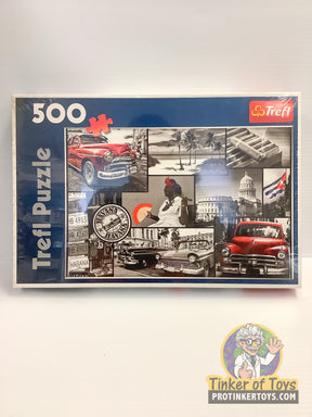Puzzle featuring a collage of Havana, Cuba scenes, including cars and architecture for Trefl TRF37170