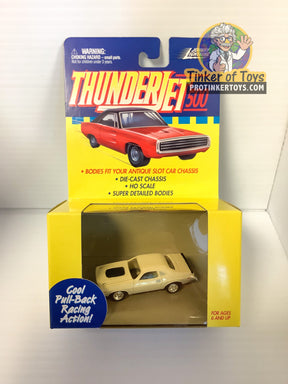 Yellow and tan slot car toy in its original box packaging for Pull Back Thunderjets 393-01