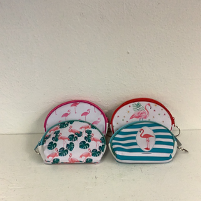 Three small, colorful purse keychains featuring flamingos and tropical prints for IMEX-Toys 87576GL