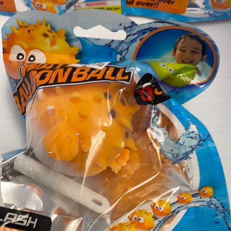 Yellow, reusable water balloon toy with cartoon characters on packaging for BVP 88621