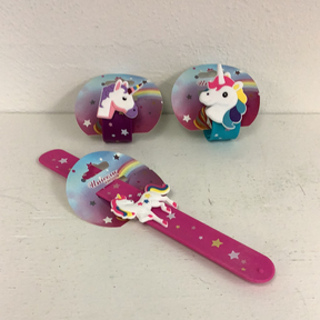 Assorted unicorn slap bracelets in various colors and designs for IMEX-Toys 87523NV, front view