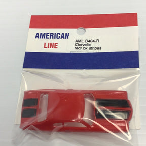 Red die-cast model car of a Chevelle with black stripes for American Line B404-4425