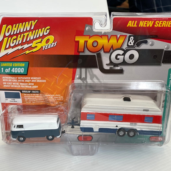 Tow & Go1965 VW Type 2 Transporter l Van w/ Vintage House Trailer | JLTG002WG | Johnny Lightning-Round2 Returns-[variant_title]-ProTinkerToys