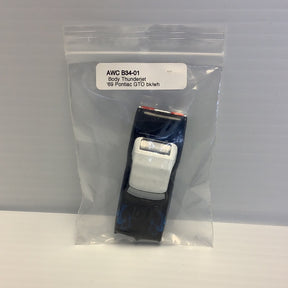 Die-cast model of a '69 Pontiac GTO in clear plastic packaging for American Line B34-01