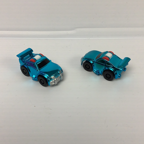 Two small, blue toy police cars on a white surface for California Creations 20720, front view
