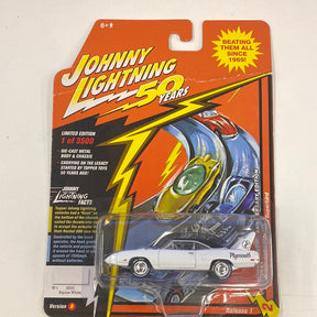Toy car packaging featuring a classic race car design for a 50th anniversary for Johnny Lightning JLCG018