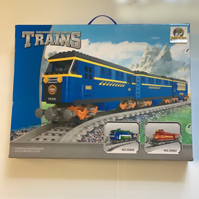 Blue and yellow train set with accessories, featuring a locomotive and cars for Railroad Conveyance Trains AUS25002