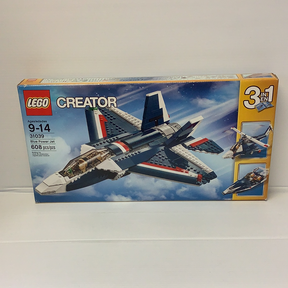 Blue Power Jet LEGO set box showing the model and building details for 31039