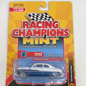 Blue 1949 Mercury sedan die-cast model in clear plastic packaging for Racing Champions Die Cast RC010