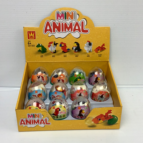 Assortment of mini animal egg-shaped toys in a yellow cardboard box for IMEX Model Company WAG66016