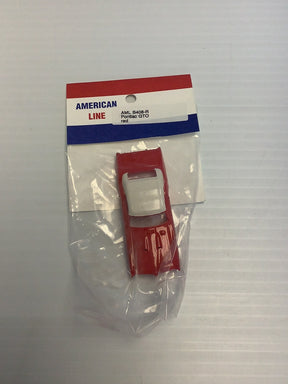 Red die-cast model car of a Pontiac GTO for American Line B408