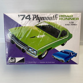 Green and blue 1974 Plymouth Road Runner model kit box art for AMT Model MPC920, package view, product view 1