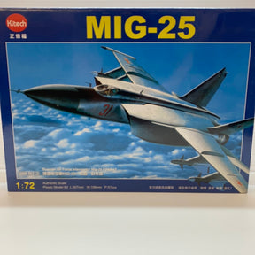Model kit box art featuring a Mig-25 Foxbat jet fighter in flight for Kitech Mig-25 Foxbat 1/72 Scale