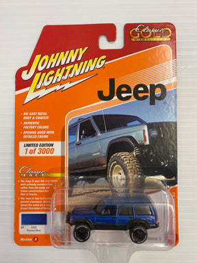 Blue and silver die-cast Jeep toy car set on packaging for Johnny Lightning JLCG021-A-1-6