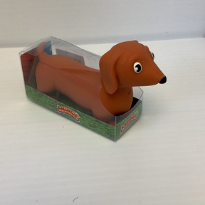 Brown dachshund dog toy in clear plastic packaging for Handee NV3257