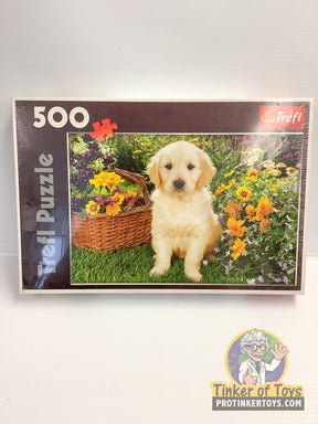 Yellow Labrador puppy sits in a colorful garden setting puzzle for Trefl TRF37160