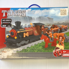 Toy train set featuring a steam locomotive and two livestock cars on tracks for Railroad Conveyance Trains 25813