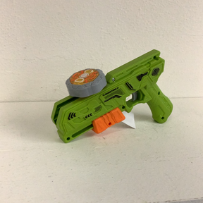 Green toy blaster gun with a circular, orange-accented spinning top attachment for Schylling 88282TY