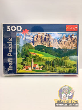 Puzzle box showing Dolomites mountains and Italian village scene for Trefl TRF37189