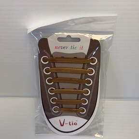 Brown silicone shoe laces with white lines, packaged for sale for BVP 87539GL