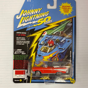 Die-cast toy car display featuring a red and blue Johnny Lightning model for JLCG020