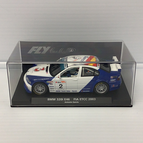 Slot car of a 2003 BMW 320i E46 race car for Fly Car 88123, front view