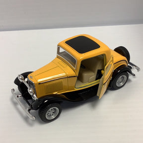 Yellow and black die-cast model of a 1932 Ford coupe for Kinsmart 5332D