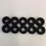 Ten black slot car front tires arranged in two rows for Auto World CP7910, rear view