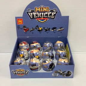 Assortment of mini vehicle themed eggs in a display box for IMEX Model Company WAG64016
