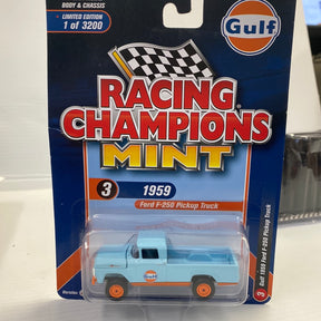 Blue 1959 Ford F-250 pickup truck model in blister card packaging for Racing Champions RC008