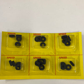 Set of black replacement tires for toy vehicles, organized in a yellow plastic tray for American Line 333