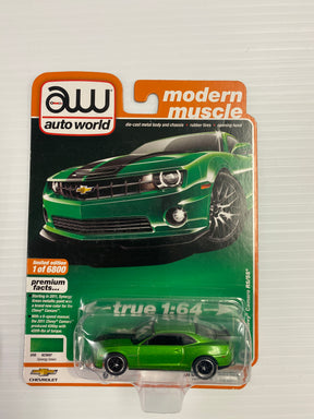 Green Chevrolet Camaro die-cast model car on packaging for AW Die Cast AW64252
