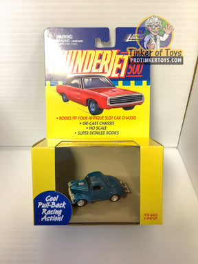 Blue slot car pull-back car toy in its yellow and red box for Pull Back Thunderjets 393-01
