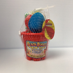 Red bucket filled with colorful beach toys and candy treats for Nassau Candy 22149