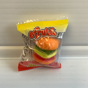 Gummy mini burger candies in a yellow and red wrapper for Nassau Candy 7358