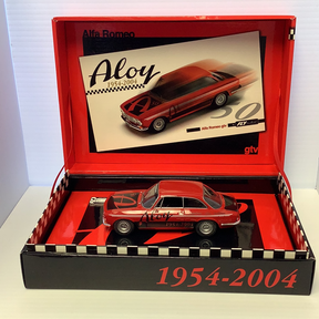 Red slot car replica of an Alfa Romeo Giulia GTV, displayed in its box for Fly Slot Car 96061