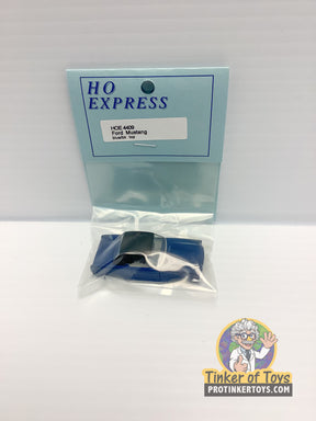 Blue Ford Mustang model car in clear plastic packaging for HO Express 4409