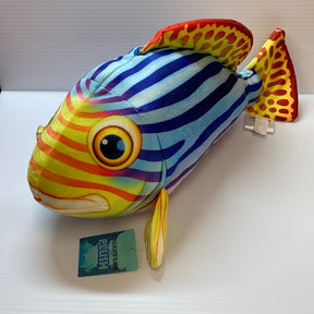 Blue and yellow striped plush fish toy with orange tail fin for Real Planet R-OS45