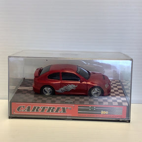 Red slot car in clear display case with "CARTRIX" branding for 0312E