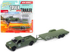 Green toy truck and trailer set on a white background for Johnny Lightning JLBT006-A