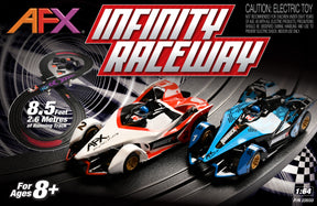Two remote-controlled race cars on a track surface for AFX/Racemasters 22033