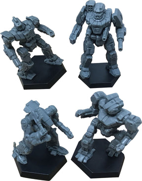 Three sci-fi mech miniatures posed on black bases for BattleTech 35727